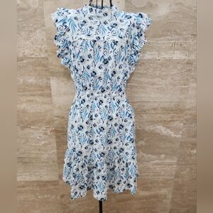 White and blue floral summer dress linen / cotton blend